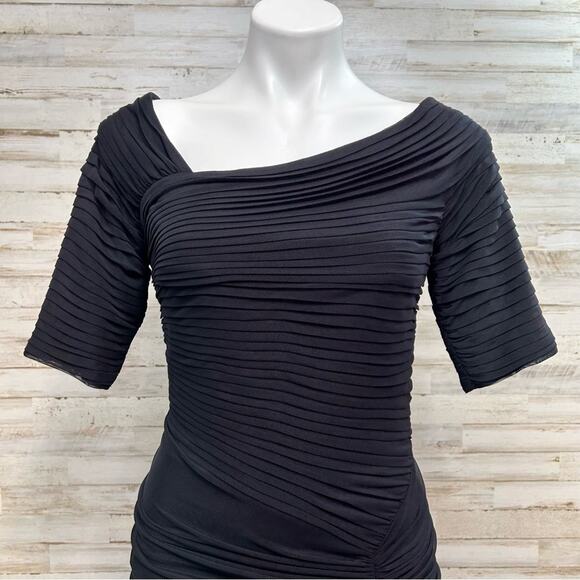 Tadashi Shoji Bandage Mesh Ruched Cocktail Dress Size S Black Asymmetrical Neck - Picture 3 of 16